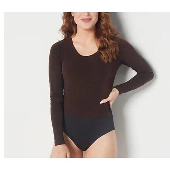 Susan Graver Every Day Liquid Knit Long-Sleeve Bodysuit Chocolate,3X - Picture 1 of 3